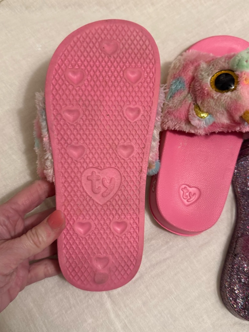 Girls Plush Ty Animal Slides & Old Navy Purple Glitter Jelly Sandals - Picture 7 of 7